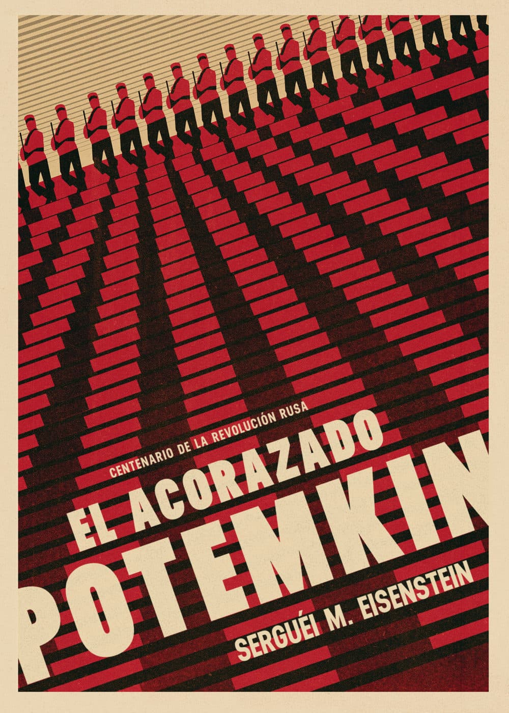 Cartel de El acorazado Potemkin, diseño de Riki Blanco: marineros rojos descienden por las escaleras de Odesa.
